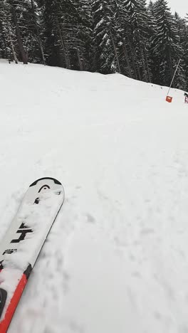 Vertical-Video-Low-angle-POV-Shot-Of-Skier-Skiing-Down-Misty-Snow-Covered-Slope